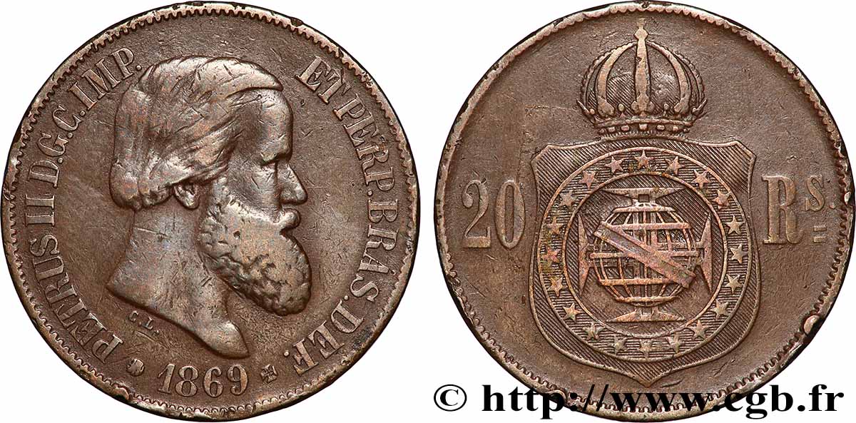 BRÉSIL 20 Réis Empereur Pierre II 1869 Rio de Janeiro TB+