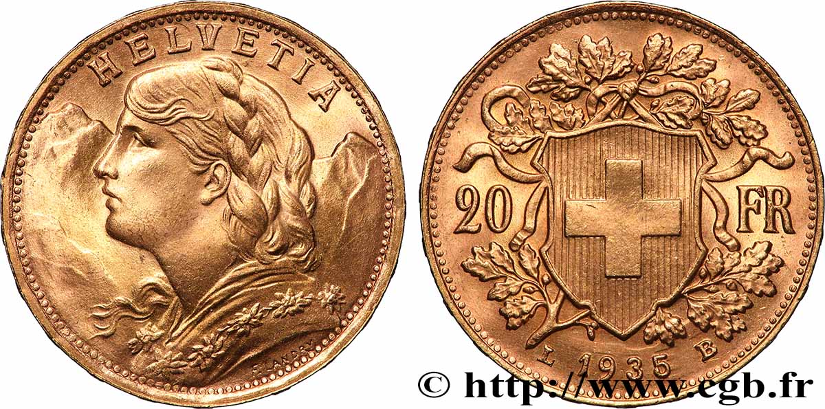 GOLD, PALLADIUM & PLATINUM INVESTMENT 20 Francs Vreneli 1935 Berne MS