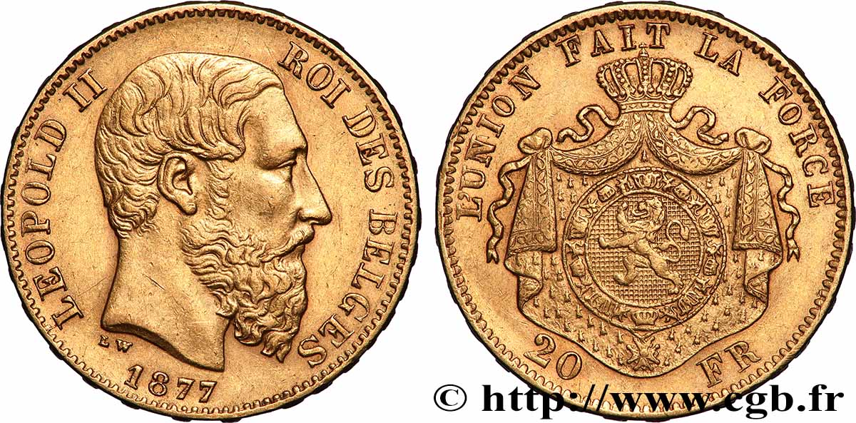 GOLD-, PALLADIUM- UND PLATIN-INVESTITIONEN 20 Francs Léopold II 1877 Bruxelles fVZ