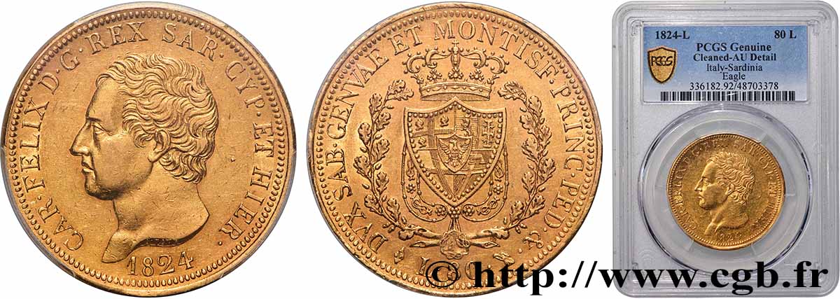 ITALIA - REINO DE CERDEÑA - CARLO FÉLIX 80 Lire 1824 Turin EBC PCGS