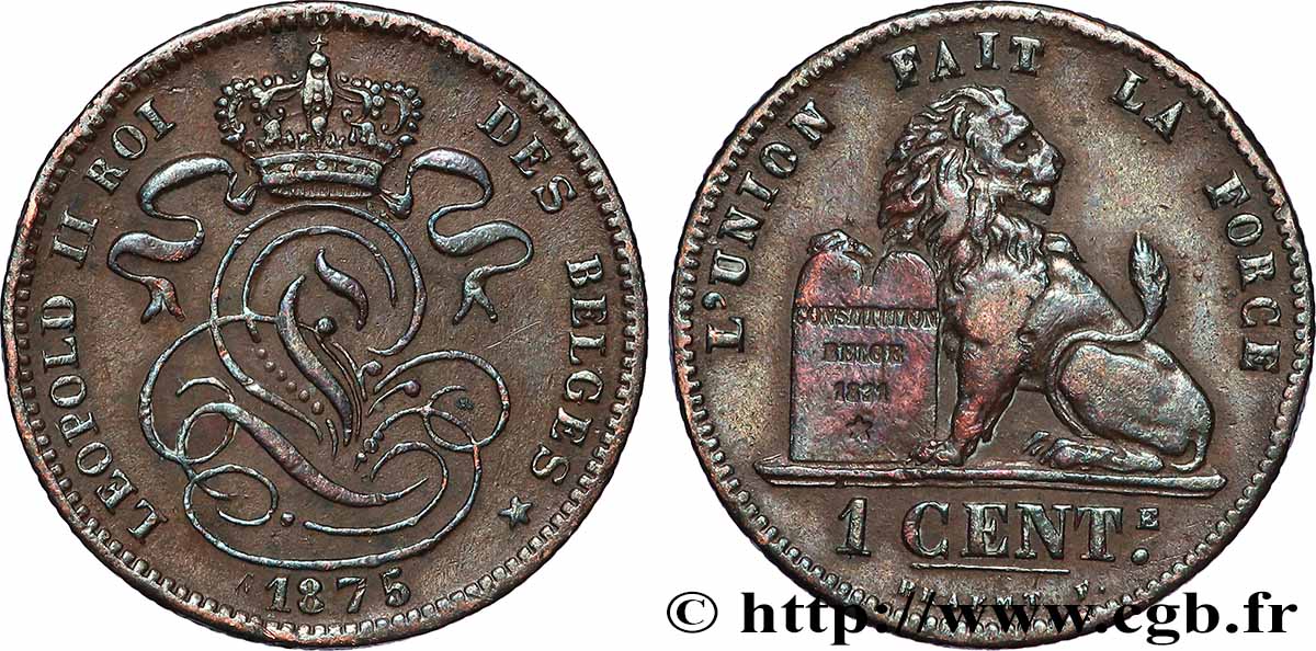BELGIQUE 1 Centime Léopold II 1875 Bruxellles TTB+