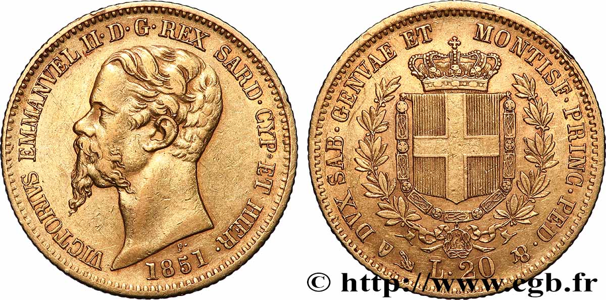 ITALIA - REINO DE CERDEÑA - VÍCTOR-MANUEL II 20 Lire 1851 Gênes MBC