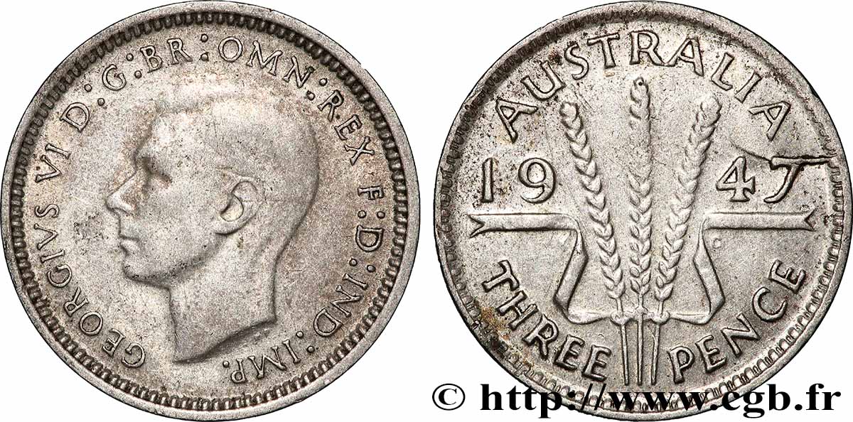 AUSTRALIE 3 Pence Georges VI 1947 Melbourne TTB