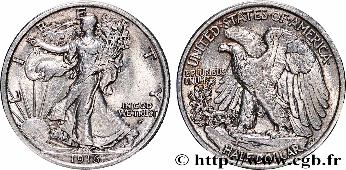 ÉTATS-UNIS D AMÉRIQUE 1/2 Dollar Walking Liberty 1916 Philadelphie TTB+