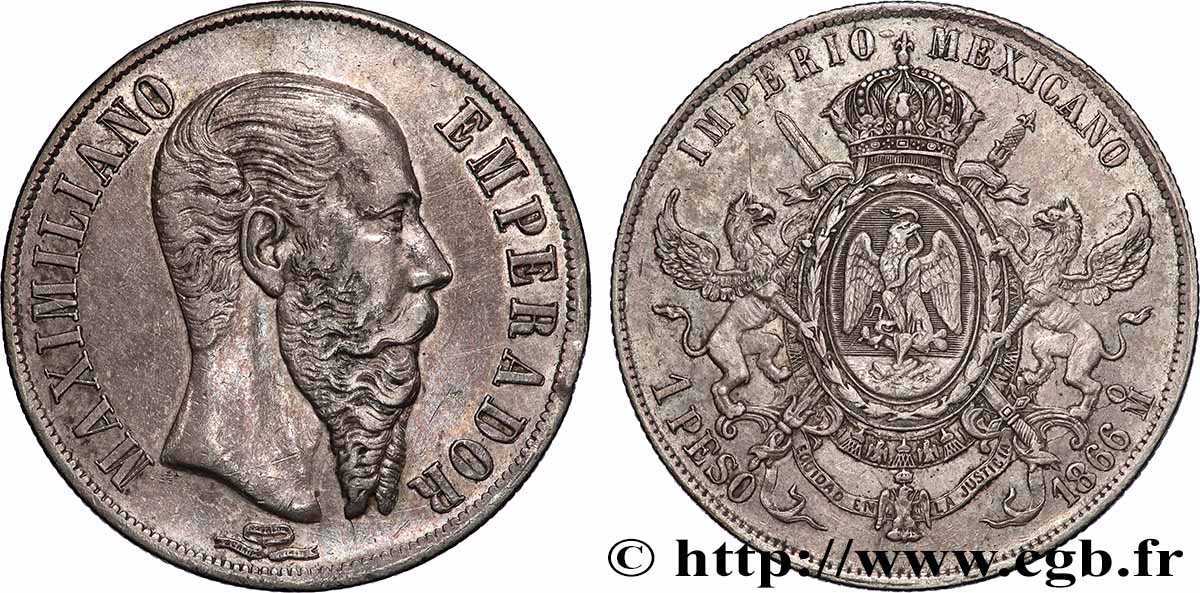 MEXIQUE - MAXIMILIEN Ier 1 Peso 1866 Mexico TTB/TTB+