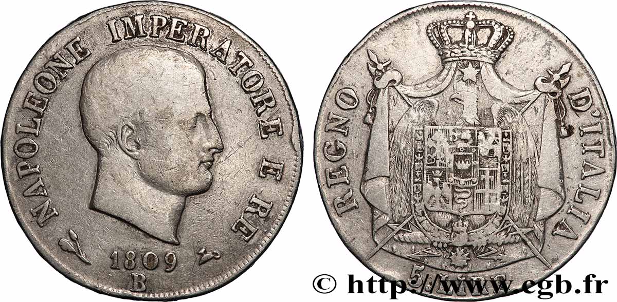 ITALIE - ROYAUME D ITALIE - NAPOLÉON Ier 5 lire, 1er type, tranche en relief 1809 Bologne TB+