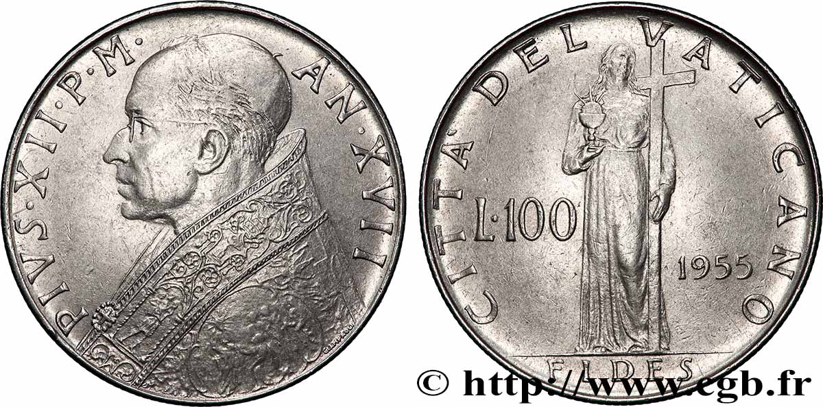 VATICANO E STATO PONTIFICIO 100 Lire Pie XII an XVII 1955 Rome q.SPL