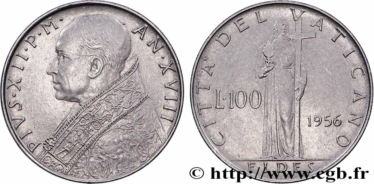VATICAN ET ÉTATS PONTIFICAUX 100 Lire Pie XII an XVIII 1956 Rome TTB+