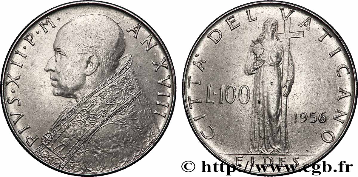 VATICAN ET ÉTATS PONTIFICAUX 100 Lire Pie XII an XVIII 1956 Rome TTB+