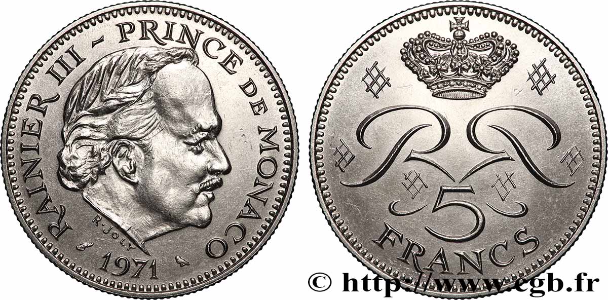 MONACO - FÜRSTENTUM MONACO - RAINIER III. 5 Francs 1971 Paris VZ