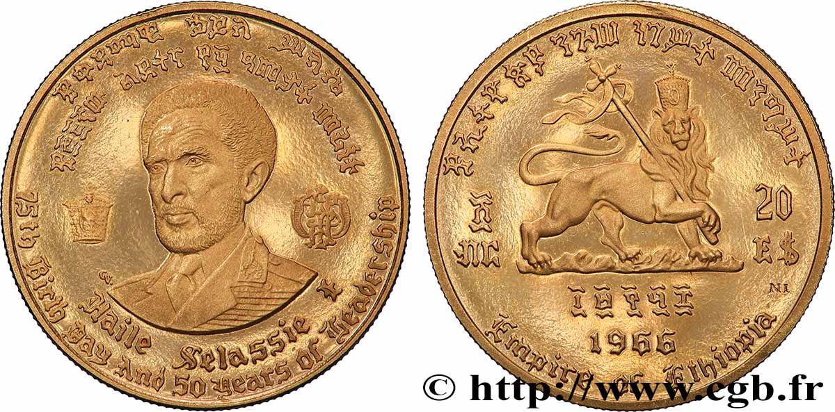 ÉTHIOPIE 20 Dollars Proof empereur Hailé Sélassié 1966 SPL