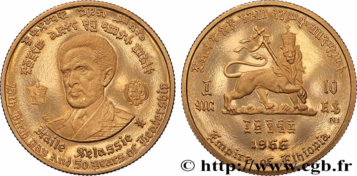 ÉTHIOPIE 10 Dollars Proof empereur Hailé Sélassié 1966 SPL