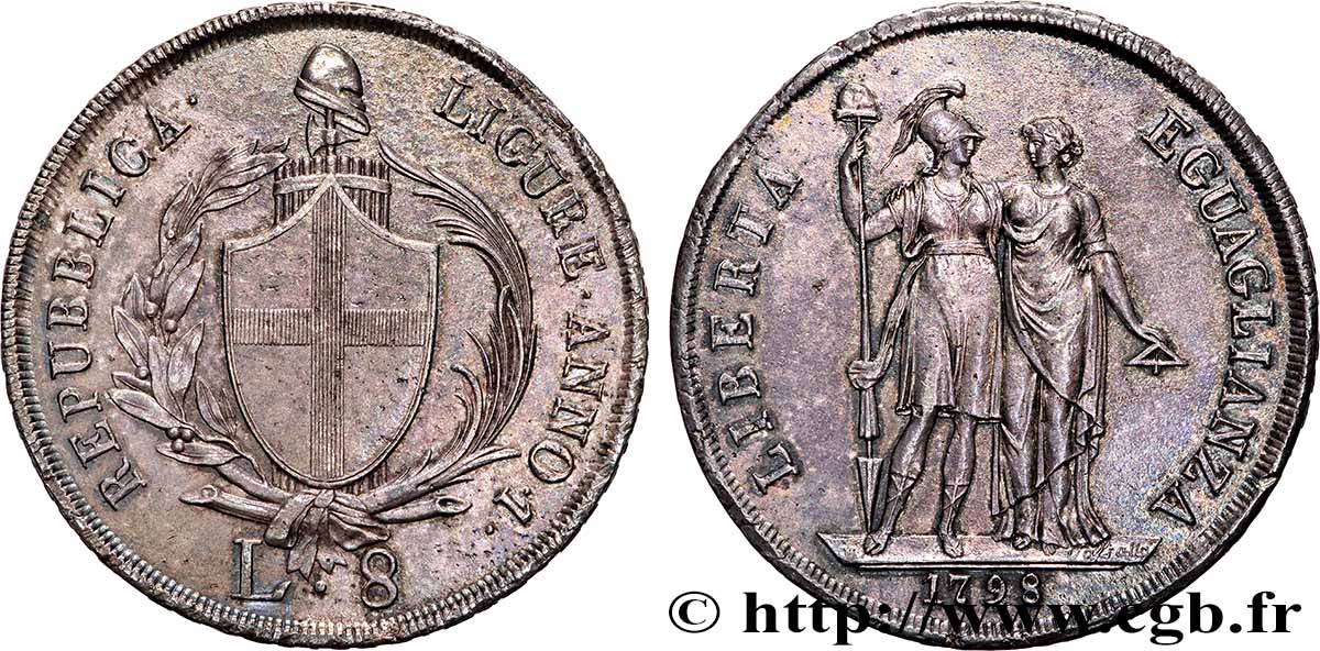 ITALIE - RÉPUBLIQUE LIGURE 8 Lires 1798 Gênes TTB