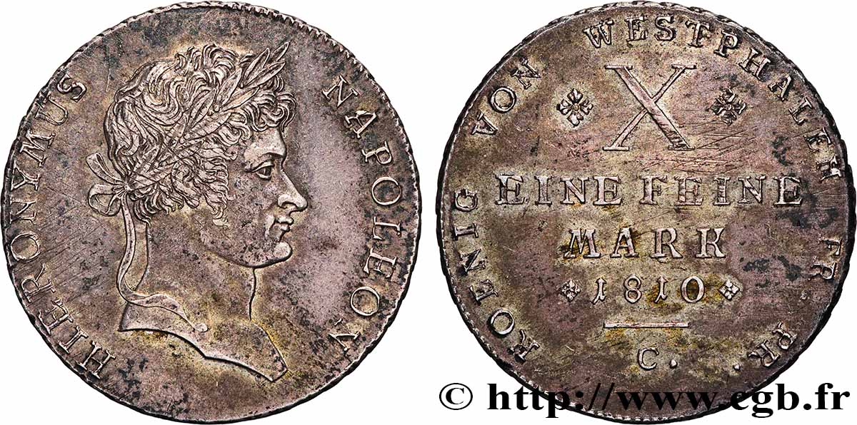 ALLEMAGNE - ROYAUME DE WESTPHALIE - JÉRÔME NAPOLÉON Thaler de convention, 2e type 1810 Cassel TTB+