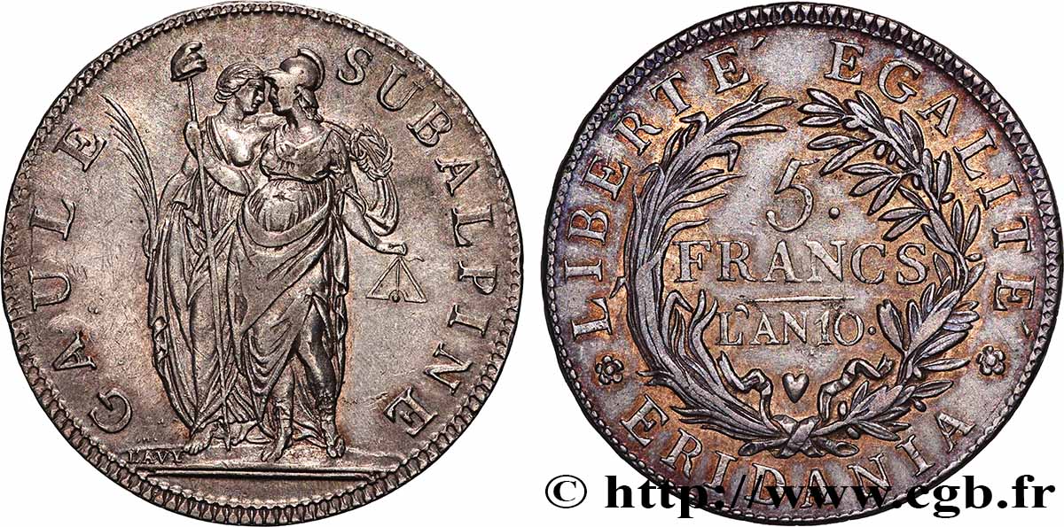 ITALY - SUBALPINE GAUL 5 Francs an 10 1802 Turin AU