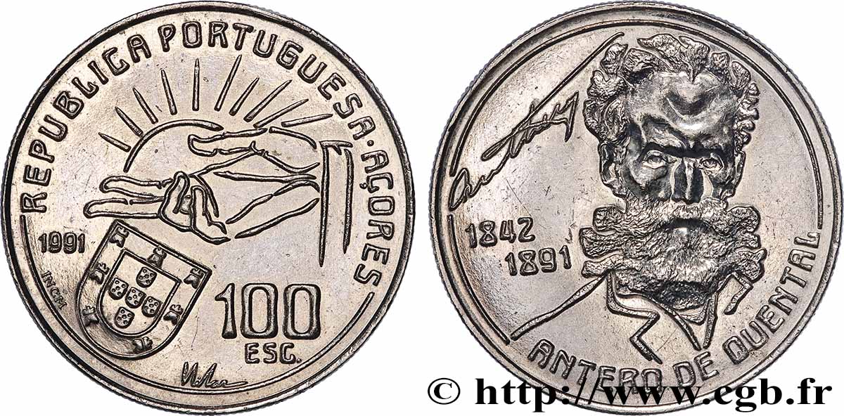 AZORES 100 Escudos 100e anniversaire de la mort du poète Antero de Quental 1991 Lisbonne MS