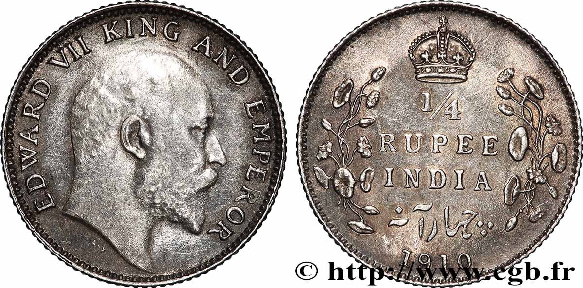 INDES BRITANNIQUES 1/4 Rupee (Roupie) Edouard VII couronné 1910 Calcutta SUP