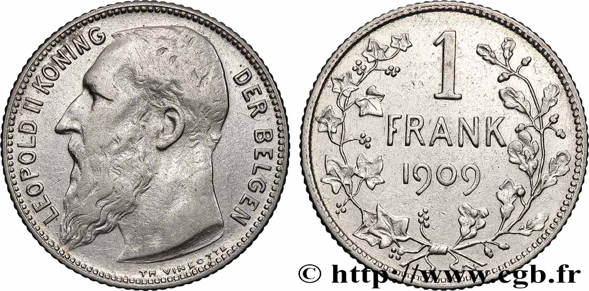 BELGIEN 1 Frank (Franc) Léopold II légende flamande 1909 Bruxelles fSS