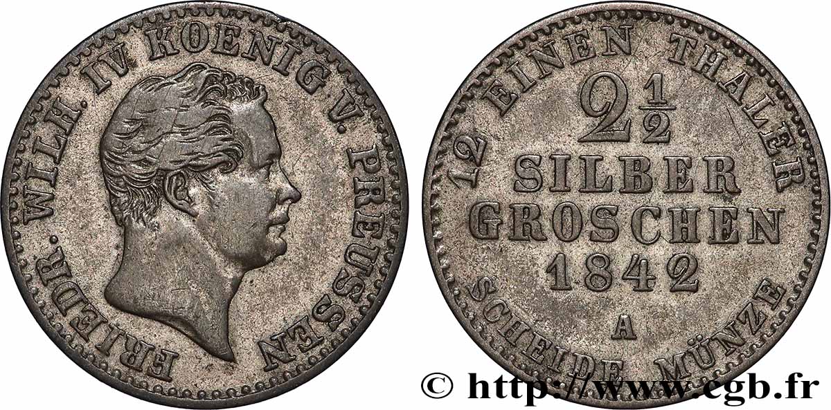 ALEMANIA - PRUSIA 2 1/2 Silbergroschen Guillaume Ier 1842 Berlin MBC