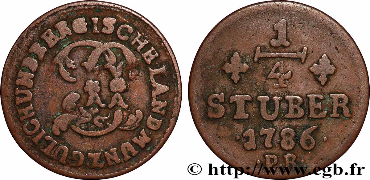ALEMANIA - JÜLICH-BERG 1/4 Stuber Duché de Jülich-Berg monogramme de Carl Théodore de Bavière 1786 Düsseldorf BC