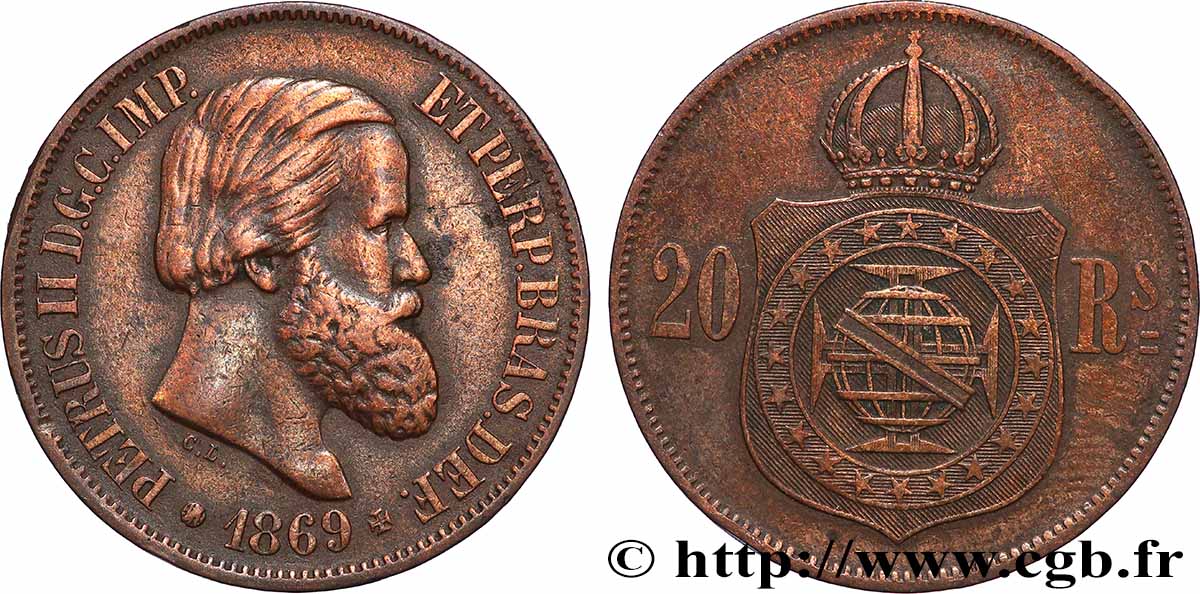 BRAZIL 20 Réis Pierre II 1869 Rio de Janeiro XF