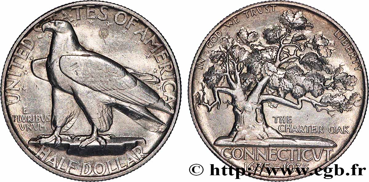 UNITED STATES OF AMERICA 1/2 Dollar 300e anniversaire de la fondation du Connecticut, aigle / Charter Oak 1935 Philadelphie AU
