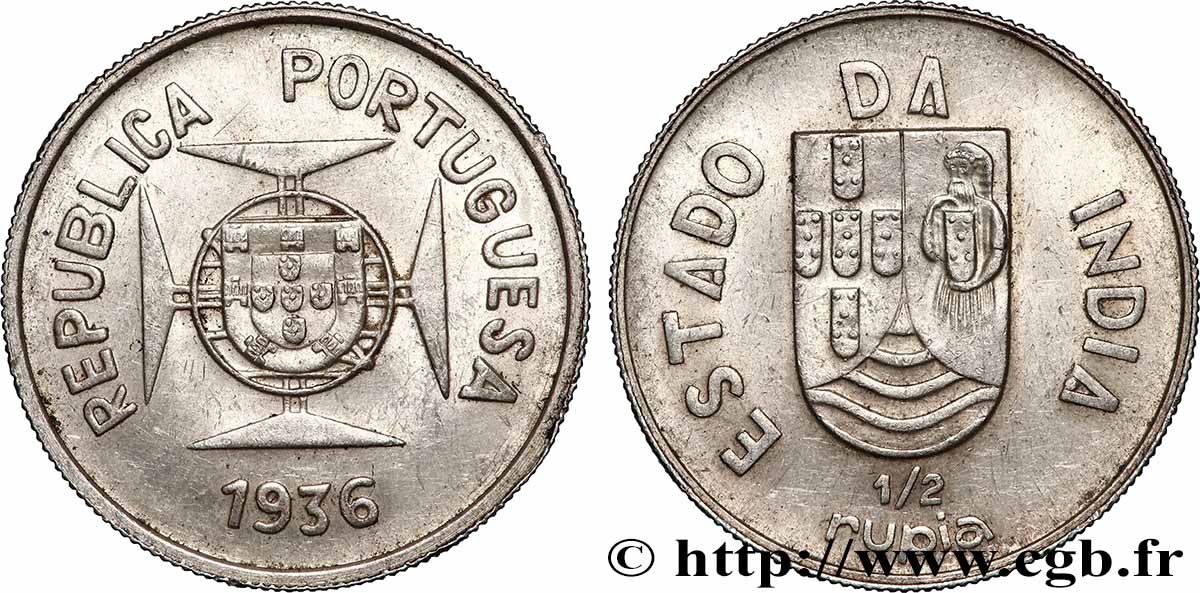 INDIA PORTUGUESA 1/2 Rupia République Portugaise 1936 Lisbonne MBC+