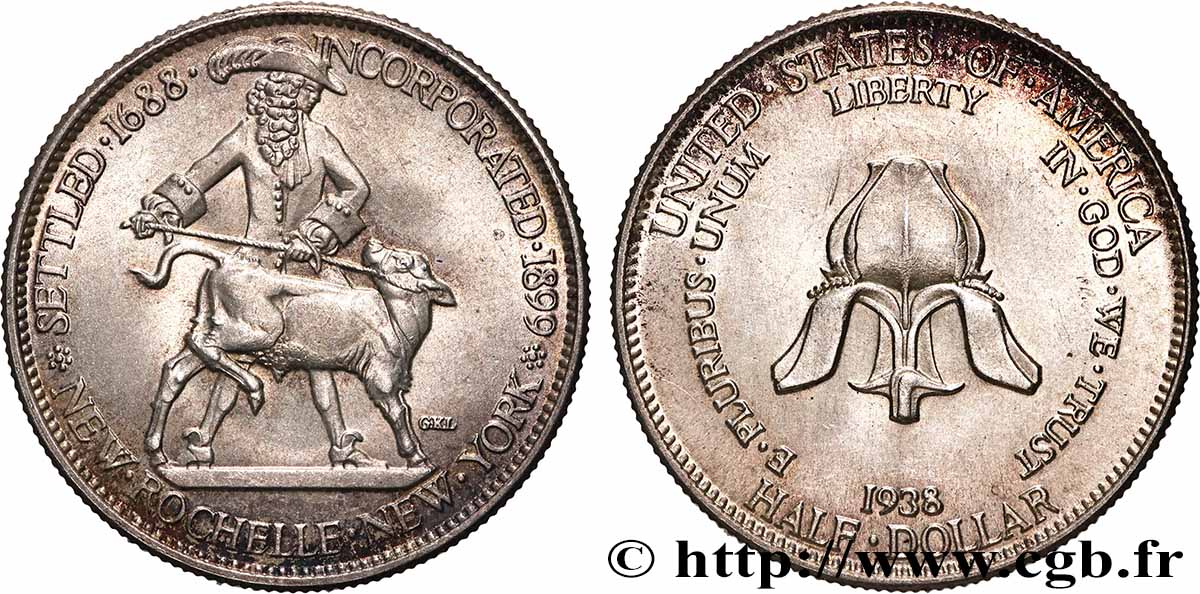 UNITED STATES OF AMERICA 1/2 Dollar New Rochelle 1938 Philadelphie AU