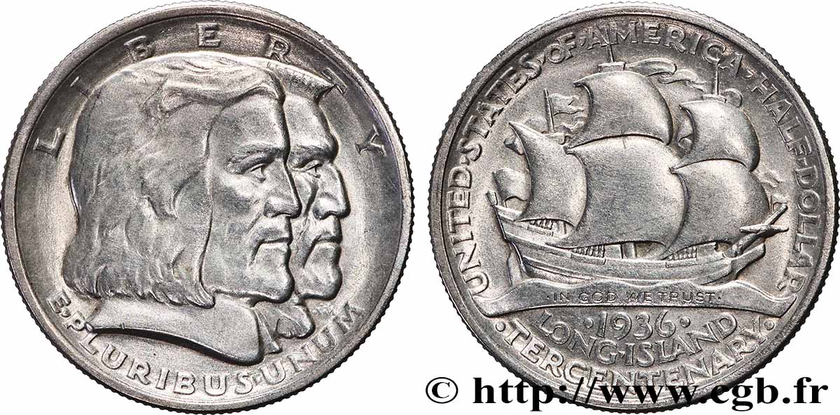 ÉTATS-UNIS D AMÉRIQUE 1/2 Dollar 300e anniversaire de Long Island 1936 Philadelphie SUP