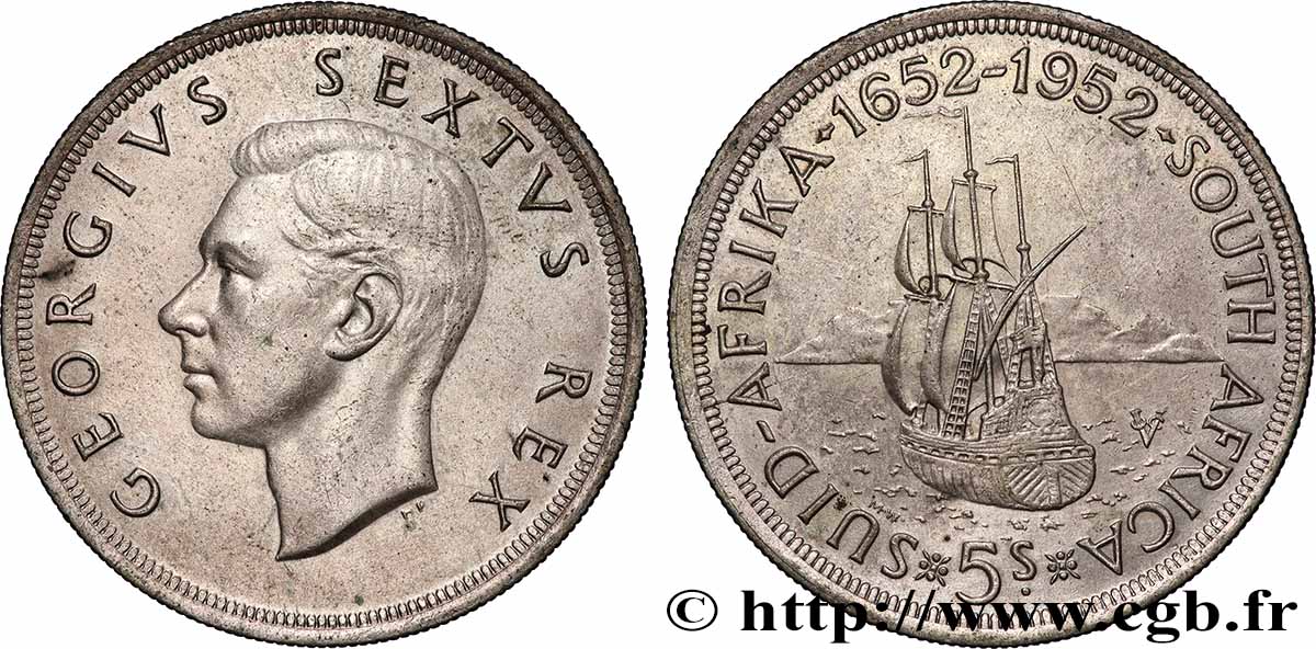 AFRIQUE DU SUD 5 Shillings 300e anniversaire fondation de la ville du Cap 1952 Pretoria TTB+