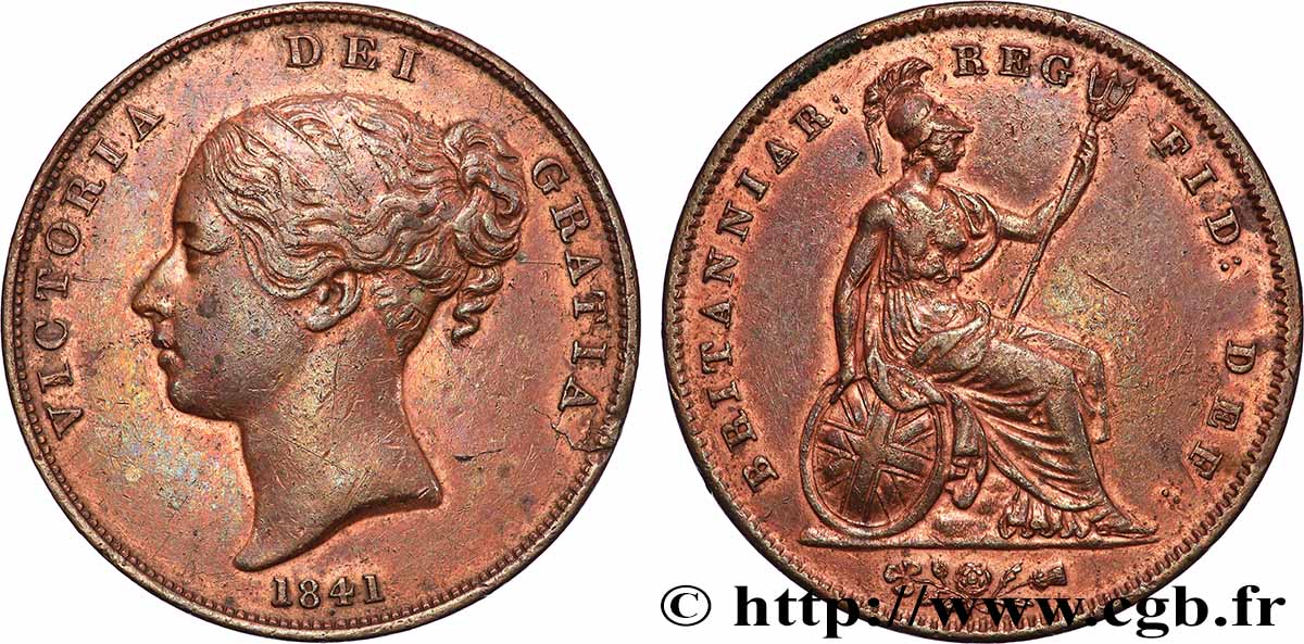 ROYAUME-UNI 1 Penny Victoria “tête jeune” 1841 Londres TTB