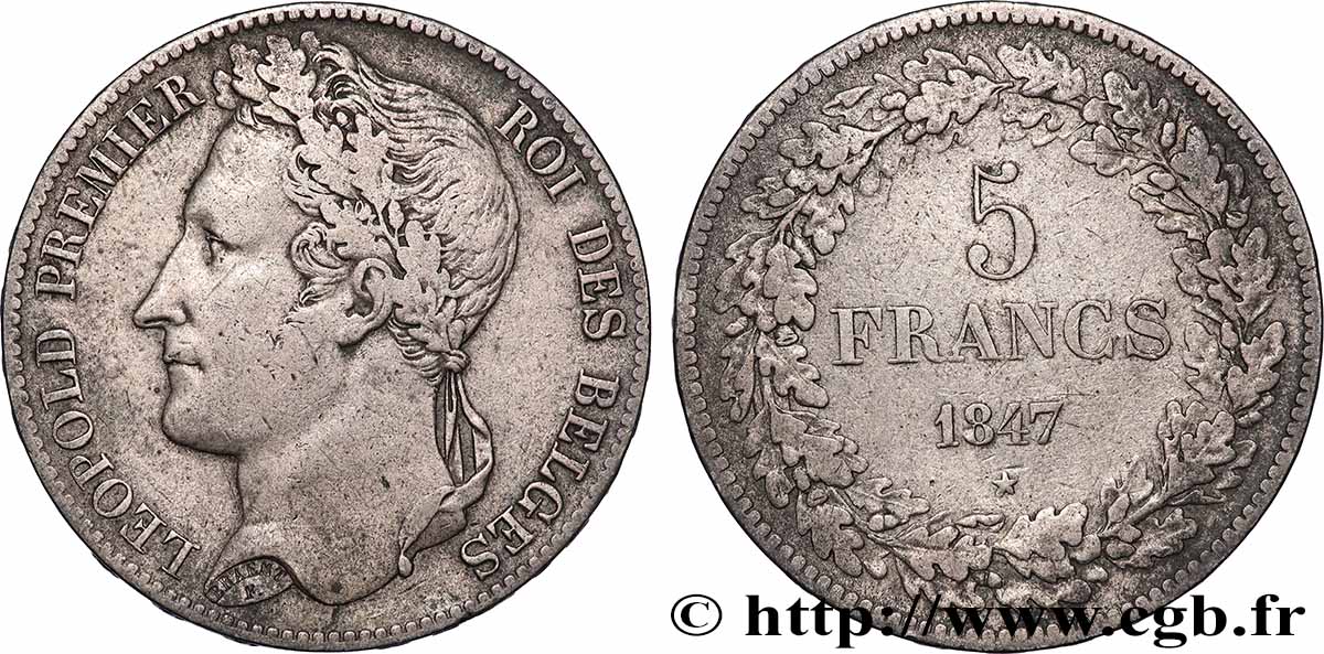 BELGIQUE 5 Francs Léopold Ier tête laurée 1847 TTB