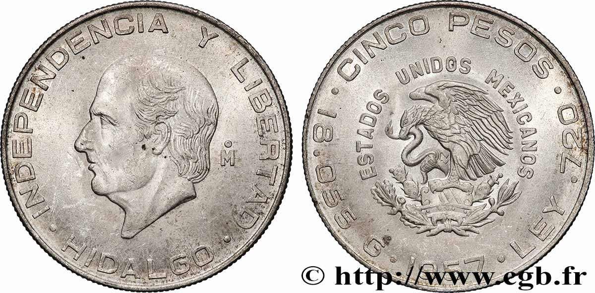 MEXIQUE 5 Pesos Miguel Hidalgo y Costilla 1957 Mexico SUP