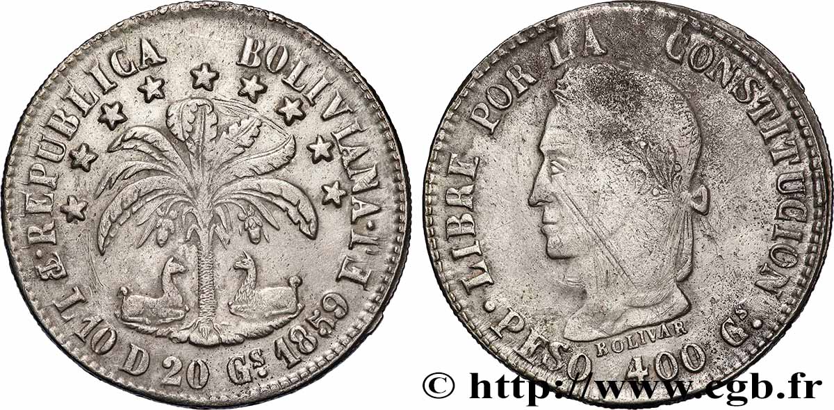 BOLIVIE 1 Peso Bolivar 1859 Potosi TB+