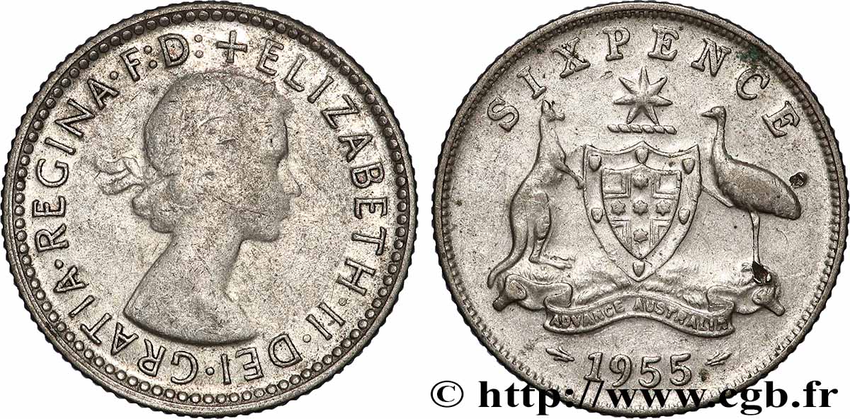 AUSTRALIA 6 Pence Élisabeth II 1955 Melbourne VF