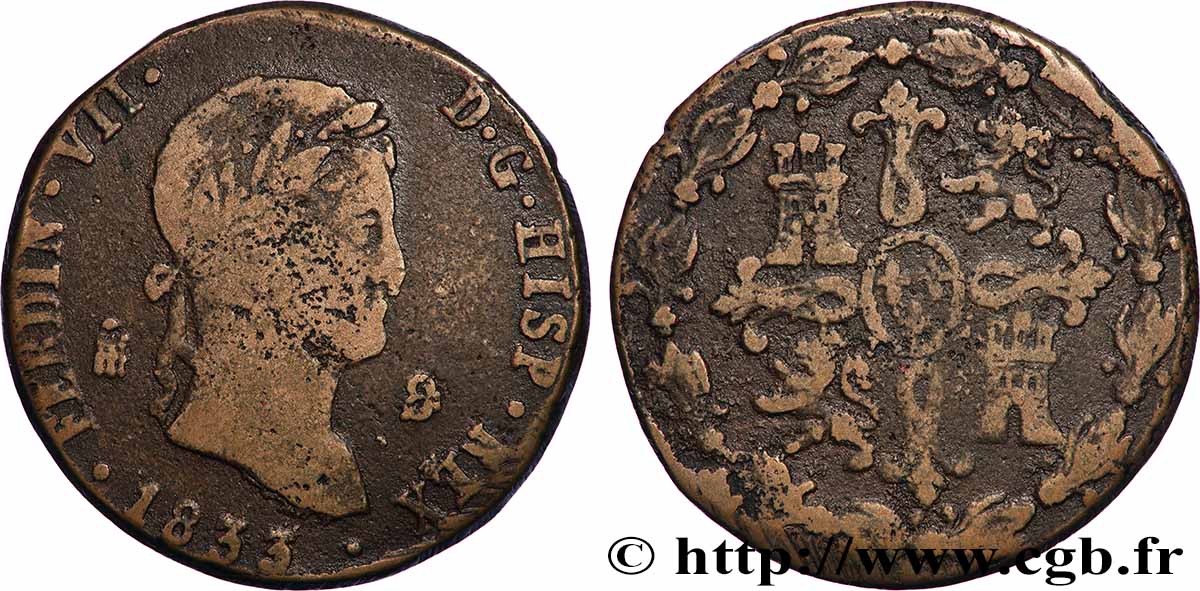ESPAGNE 8 Maravedis Ferdinand VII 1833 Ségovie TB+