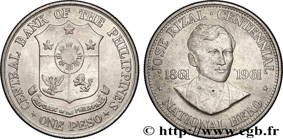 PHILIPPINES 1 Peso centenaire de la naissance de José Rizal 1961 AU