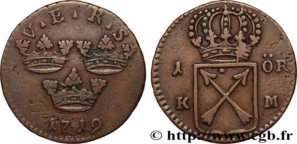 SCHWEDEN 1 Ore écu couronné frappe au nom du reine Ulrique-Éléonore 1719 SS
