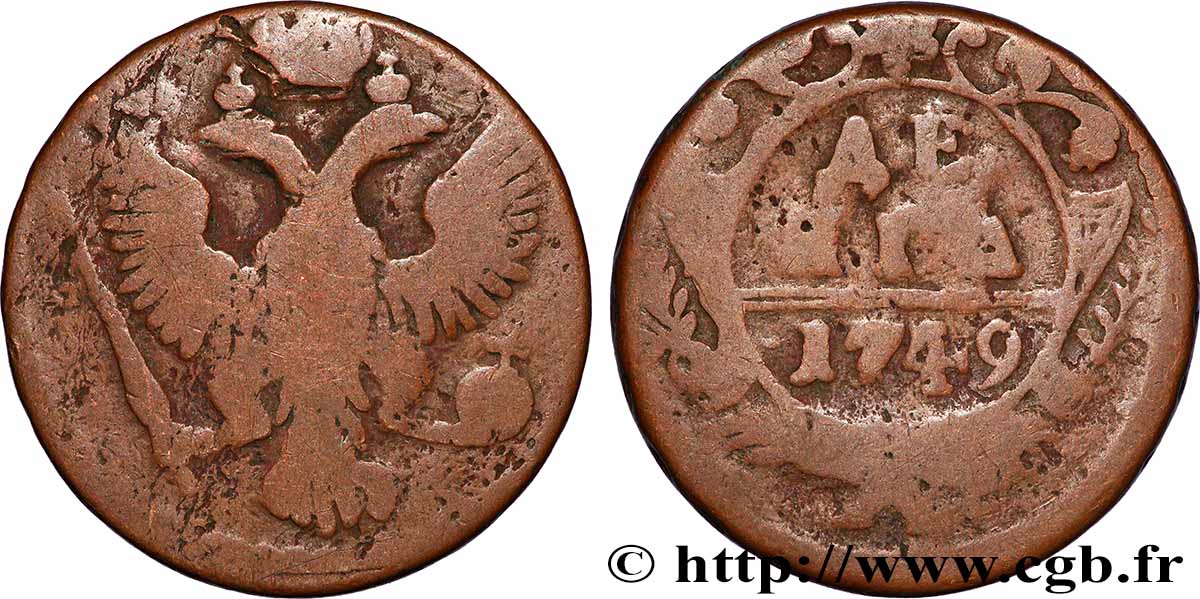 RUSSIE 1 Denga (1/2 Kopeck) aigle bicéphale 1749 Moscou ou Ekaterinbourg TB