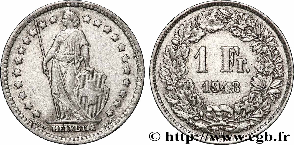 SWITZERLAND 1 Franc Helvetia 1943 Berne AU