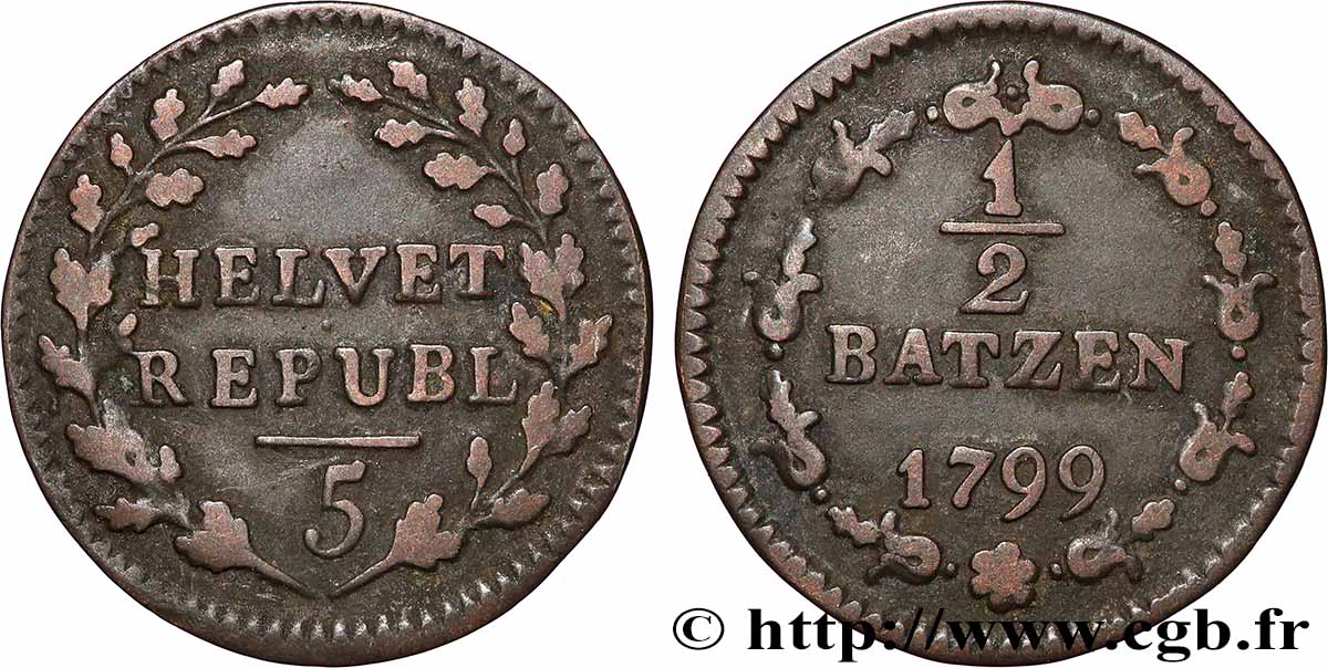 SUISSE - RÉPUBLIQUE HELVÉTIQUE 1/2 Batzen 1799 Berne TB+