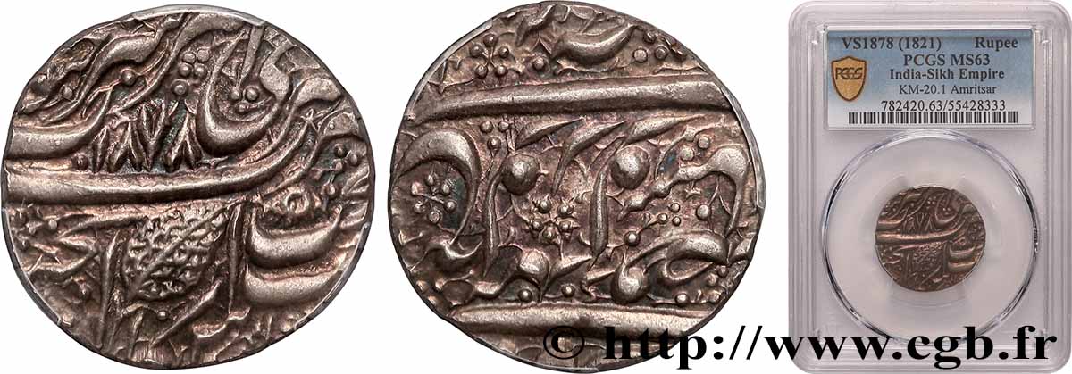 INDE - EMPIRE SIKH 1 Rupee Ranjit Singh VS1878 (1821) Amritsar SPL63 PCGS
