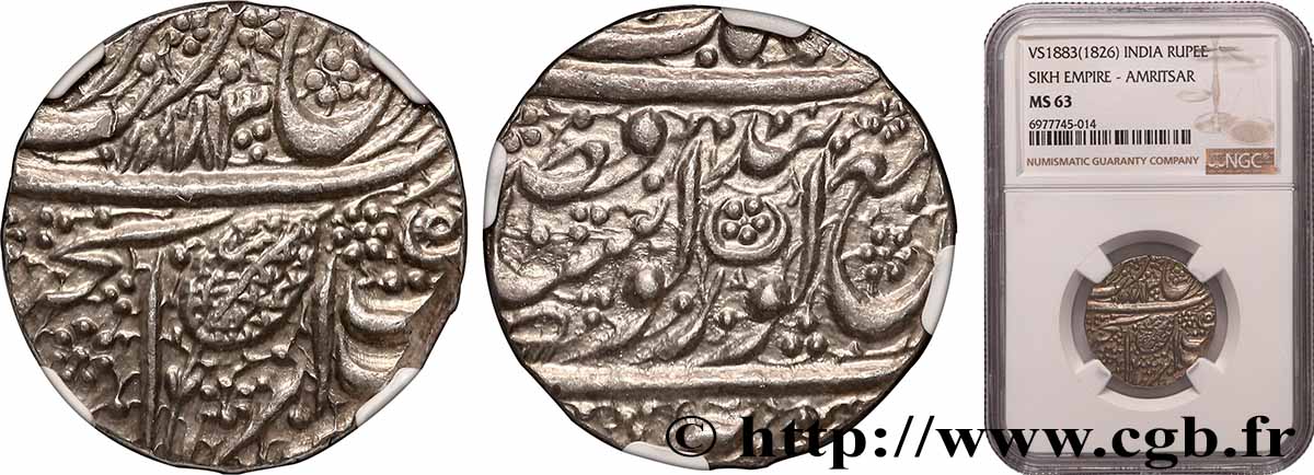 INDIA - SIKH EMPIRE 1 Rupee Ranjit Singh VS1883 (1826) Amritsar SC63 NGC