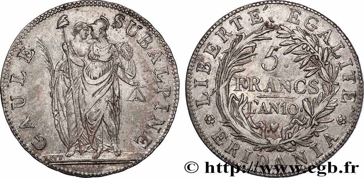 ITALIE - GAULE SUBALPINE 5 Francs an 10 1802 Turin TTB+