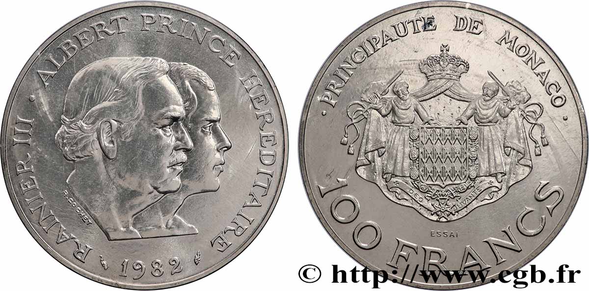MONACO - PRINCIPALITY OF MONACO - RAINIER III Essai de 100 Francs Rainier III et Albert 1982 Paris MS