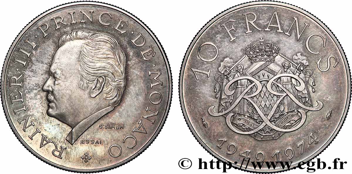 MONACO Essai de 10 Francs argent Rainier III 25e anniversaire de règne 1974 Paris SC