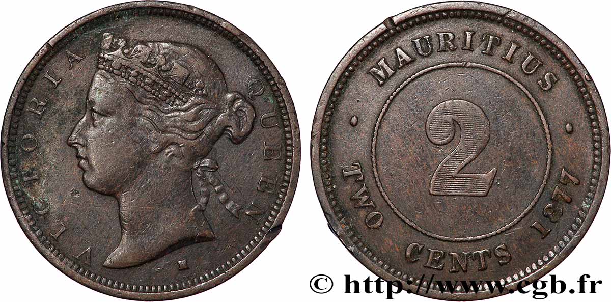 ÎLE MAURICE 2 Cents Victoria 1877 TB+