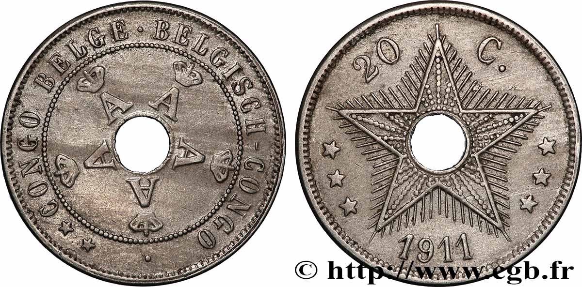 CONGO BELGE 20 Centimes monogramme A (Albert) couronné 1911 Bruxelles TTB+