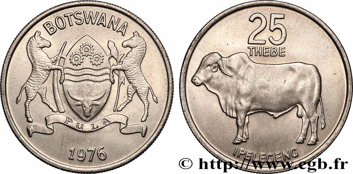 BOTSWANA (REPUBLIC OF) 25 Thebe emblème / zébu 1976 Llantrisant MS