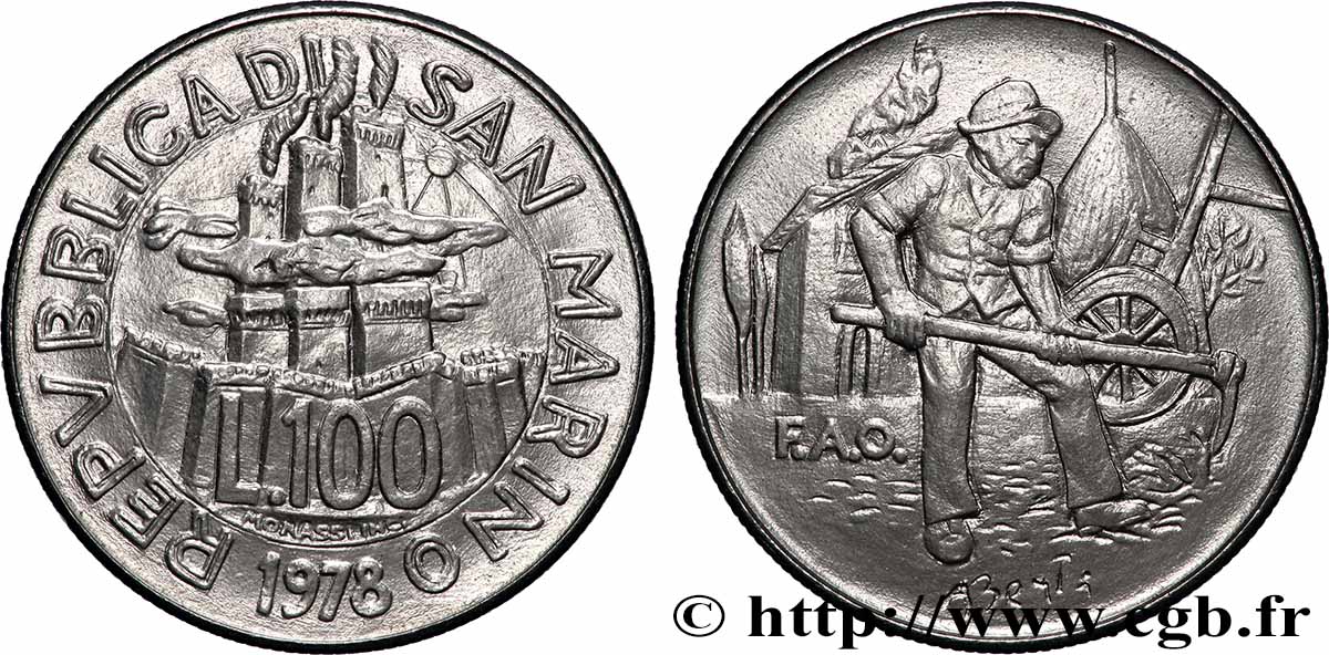 SAINT-MARIN 100 Lire FAO tours / scène agricole 1978 Rome SUP